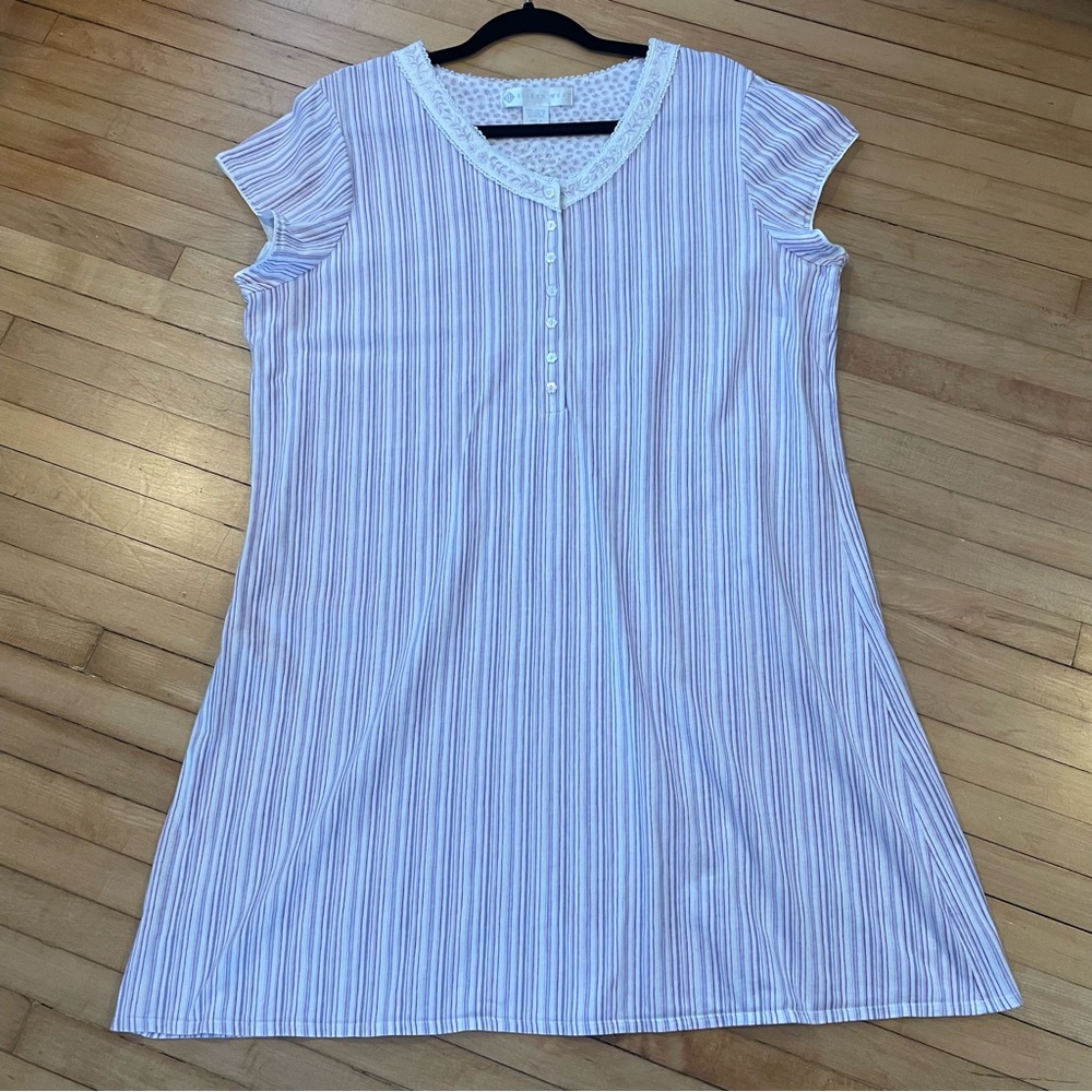 EILEEN WEST Lavender Purple Striped Cap Sleeve Short Nightgown Lace Cotton